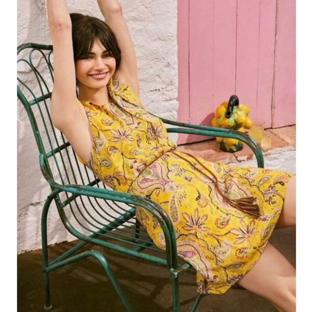 Desigual Large Dress Mini Sleeveless Yellow Paisley Floral Lined Fringe Belt